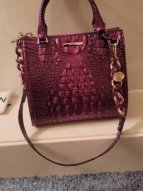 Brahmin Metallic Plum Croc-Embossed Satchel